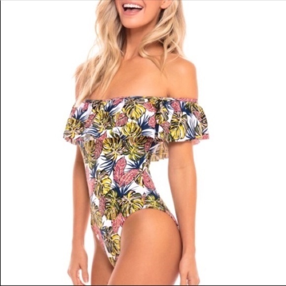 NWT Cabana Del Sol Hollywood floral ruffle off shoulder swimsuit Medium M 8 10 - Picture 2 of 7
